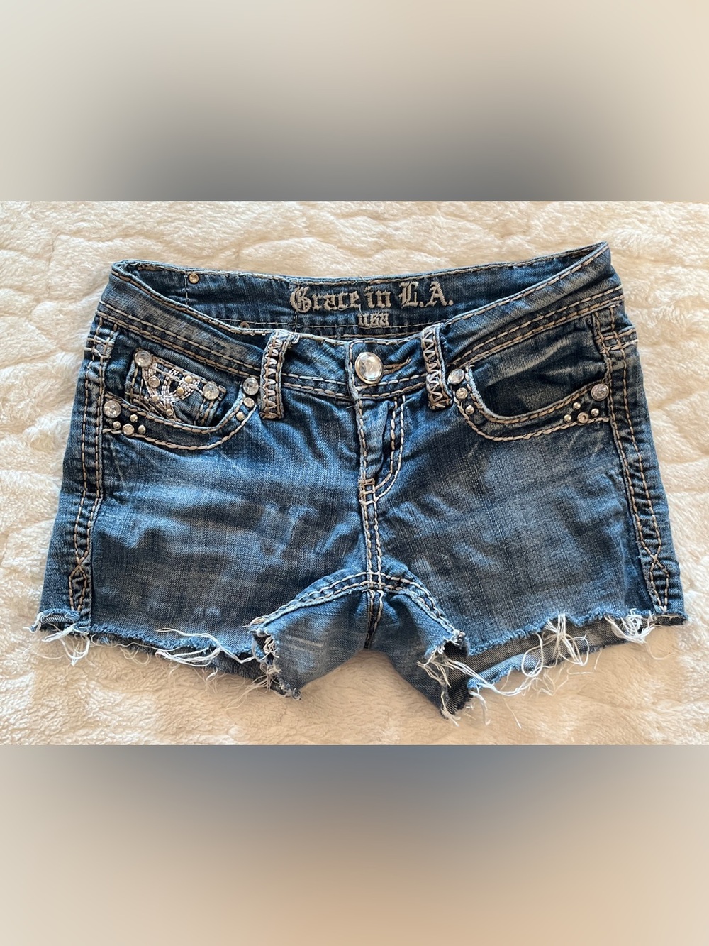 Grace in LA Embellished Cutoff Jean Shorts Rhinestone Bling Y2K style Size26(3)